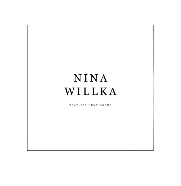 A minimalist black and white square card or packaging insert with a thin border, centered text reading 'NINA WILLKA' and smaller text 'TIMELESS HEMP GOODS' on a white background.